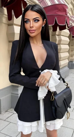 Vestito Donna Blazer Scollo V Profondo Bicolore Volant Elegante