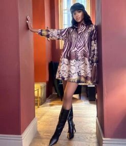 Linda Vestito Donna Camicione Colletto Fantasia Bicolore Bottoni Morbido Casual Elegante