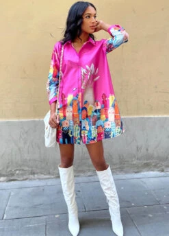 Linda Vestito Donna Morbido Camicione Bottoni Casual Fantasia City