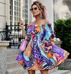 Vestito Donna Scollo Fascia Manica Sbuffo Multicolore Casual Elegante