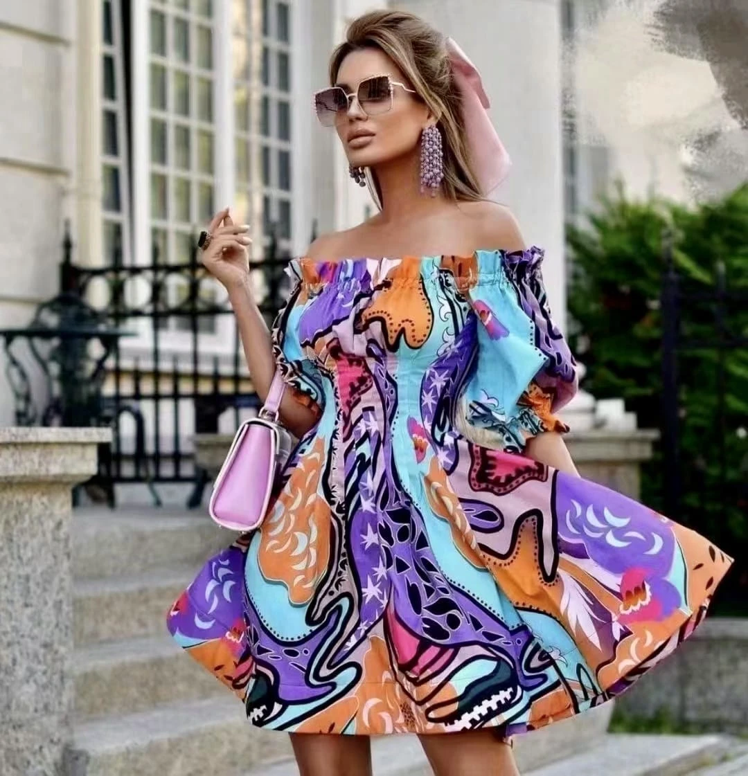 Vestito Donna Scollo Fascia Manica Sbuffo Multicolore Casual Elegante 1 Vestito Donna Scollo Fascia Manica Sbuffo Multicolore Casual Elegante