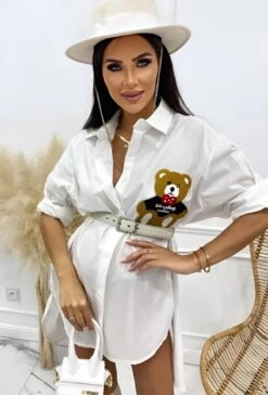 Vestito Donna Morbido Camicione Bottoni Orsetto Cintura