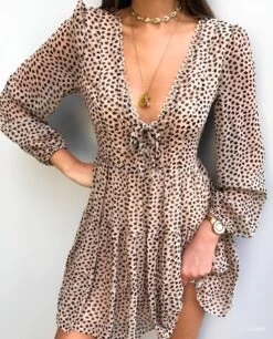 Vestito Donna Morbido Scollo V Profondo Fantasia Maculata Manica Sbuffo Sensuale Casual Elegante