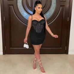 Linda Vestito Donna Tubino Scollo Cuore Bretelle Bustier Velato Strass Sexy Elegante