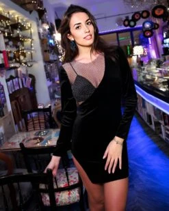 Vestito Donna Tubino Rete Strass Girocollo Manica Lunga Spacco Elegante Sensuale