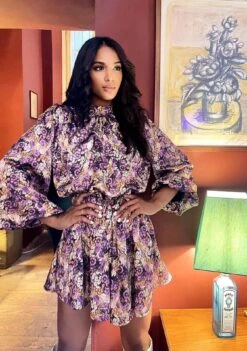 Linda Vestito Donna Morbido Maniche Sbuffo Fantasia Fiori Gonna Campana Sensuale Elegante