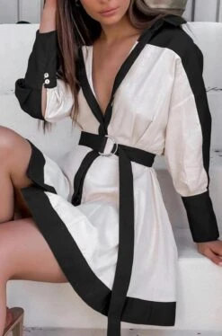 Vestito Donna Camicione Bottoni Cintura Bicolore Morbido Sensuale Casual Elegante -Vendite Linda || VICTOR 12 vanita nero