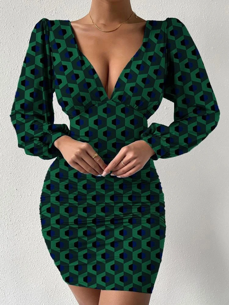 Vestito Donna Tubino Scollo V Manica Sbuffo Fantasia Aderente Casual Elegante 1 Vestito Donna Tubino Scollo V Manica Sbuffo Fantasia Aderente Casual Elegante