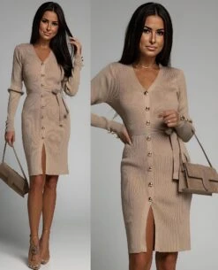 Vestito Donna Costina Bottoni Scollo V Cintura Aderente Casual Sensuale Comodo