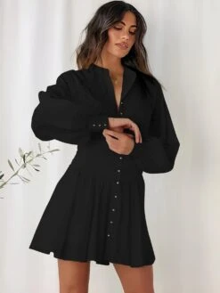 Vestito Donna Manica Sbuffo Gonna Campana Plissé Bottoni Bustier Elegante Sensuale -Vendite Linda || VICTOR 13 vanita prato 1