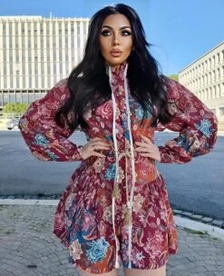 Vestito Donna Morbido Bottoni Manica Sbuffo Fantasia Fiori Cintura Corda Nappine Casual Elegante