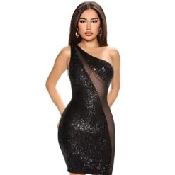 Vestito Donna Tubino Paillettes Mono Spalla Tulle Trasparente Sensuale Elegante