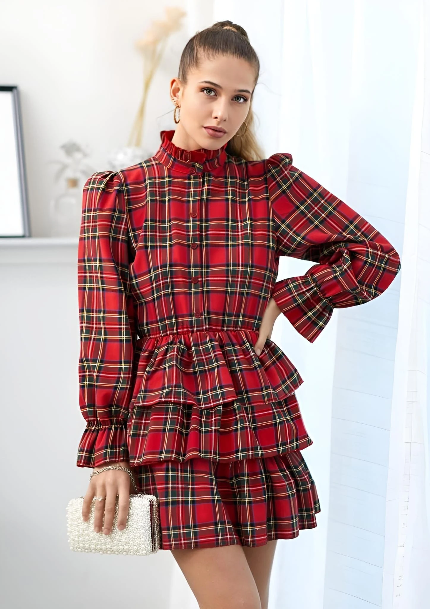 Vestito Donna Maniche Sbuffo Gonna Campana Fantasia Scozzese Volant Casual Elegante 1 Vestito Donna Maniche Sbuffo Gonna Campana Fantasia Scozzese Volant Casual Elegante