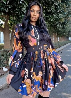 Vestito Donna Manica Sbuffo Gonna Campana Multicolore Bottoni Cintura Elegante Casual