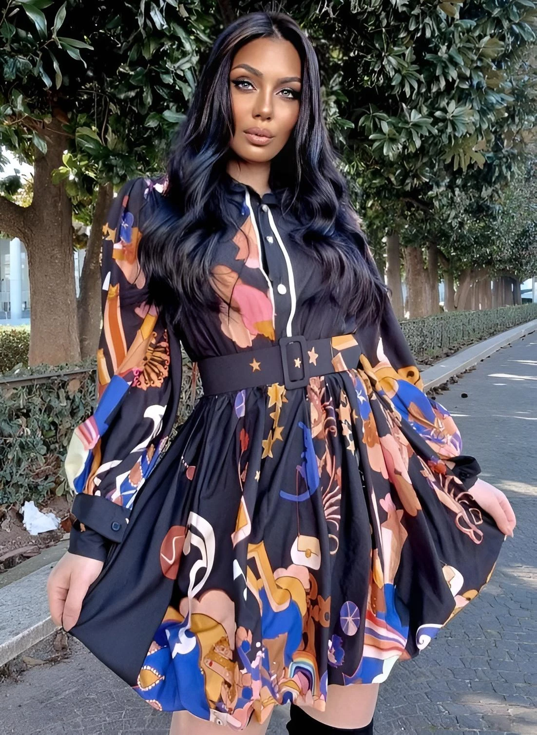 Vestito Donna Manica Sbuffo Gonna Campana Multicolore Bottoni Cintura Elegante Casual 1 Vestito Donna Manica Sbuffo Gonna Campana Multicolore Bottoni Cintura Elegante Casual