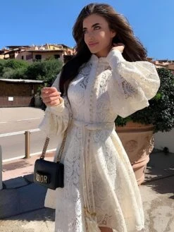 Vestito Donna Manica Sbuffo Bottoni Merletto Cintura Nappine Elegante Sensuale