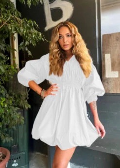 Vestito Donna Scollo V Manica Sbuffo Elastico Gonna Svasata Morbido Casual Elegante -Vendite Linda || VICTOR 19.00 ser