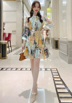 Vestito Donna Bottoni Colletto Manica Lunga Fantasia Multicolore Gonna Campana Tulle Elegante Sensuale