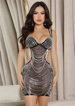 Vestito Donna Tubino Scollo Cuore Bretelle Cut Out Strass Catena Sensuale Elegante