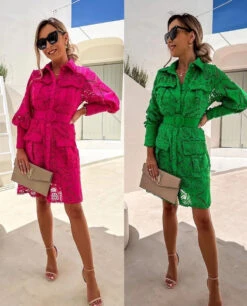 Vestito Donna Camicione Colletto Bottoni Cintura Tasche Manica Sbuffo Ricamo Traforato Elegante Casual Sensuale 5 Vestito Donna Camicione Colletto Bottoni Cintura Tasche Manica Sbuffo Ricamo Traforato Elegante Casual Sensuale -Vendite Linda || VICTOR 255