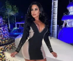 Vestito Donna Tubino Sensuale Elegante Strass Scollo Profondo Bicolore