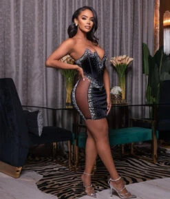 Vestito Donna Tubino Bustier Strass Velato Trasparente Schiena Scoperta Elegante Sensuale