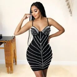 Vestito Donna Tubino Aderente Scollo Cuore Bretelle Schiena Scoperta Perle Elegante Sensuale