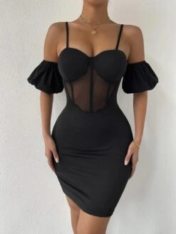 Vestito Donna Tubino Scollo Cuore Bretelle Bustier Velato Spalline Sbuffo Sensuale Elegante