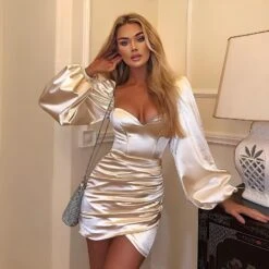 Vestito Donna Tubino Scollo Cuore Bustier Manica Sbuffo Gonna Intreccio Arricciato Elegante Sensuale