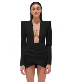 Vestito Donna Tubino Scollo V Profondo Spalline Manica Lunga Drappeggiato Portafoglio Elegante Sensuale -Vendite Linda || VICTOR 9.50GIULIAVANBLACKDRESS