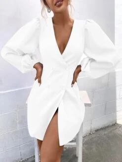 Vestito Donna Blazer Scollo V Bottoni Spacco Manica Sbuffo Casual Elegante -Vendite Linda || VICTOR 9.50vanitawhitedress