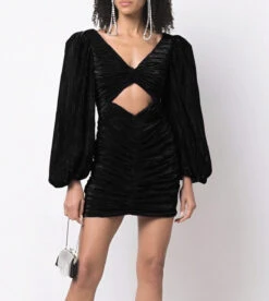 Vestito Donna Tubino Arricciato Manica Sbuffo Cut Out Elegante