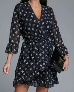 Vestito Donna Morbido Scollo V Manica Sbuffo Volant Portafoglio Cintura Bicolore Casual Elegante