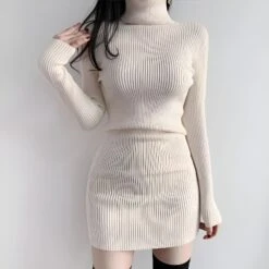 Vestito Donna Tubino Collo Alto Maxi Pull Aderente Costina Casual Elegante