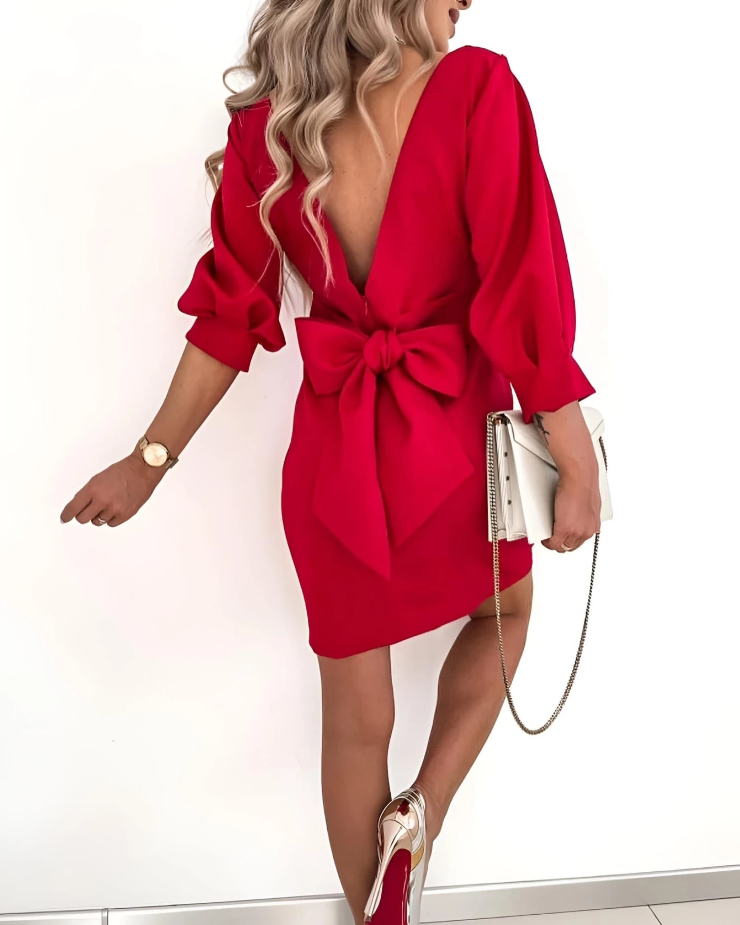 Vestito Donna Tubino Manica Sbuffo Schiena Scoperta Fiocco Elegante Sensuale 3 Vestito Donna Tubino Manica Sbuffo Schiena Scoperta Fiocco Elegante Sensuale - immagine 3