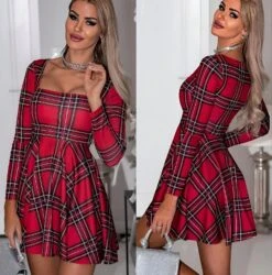 Vestito Donna Scollo Cuore Fantasia Scozzese Gonna Campana Casual Elegante Sensuale