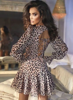 Vestito Donna Gonna Campana Manica Sbuffo Scollo Cuore Fantasia Leopardata Schiena Scoperta Lacci Sensuale Elegante -Vendite Linda || VICTOR ImmagineWhatsApp2022 12 27ore11.43.24