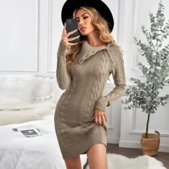 Vestito Donna Tubino Maxi Pull Bottoni Trama Intrecciata Casual Comodo Caldo