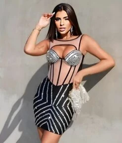 Linda Vestito Donna Tubino Strass Scollo Cuore Bicolore Aderente Elegante