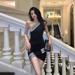 Vestito Donna Tubino Monospalla Bicolore Aderente Sexy Elegante