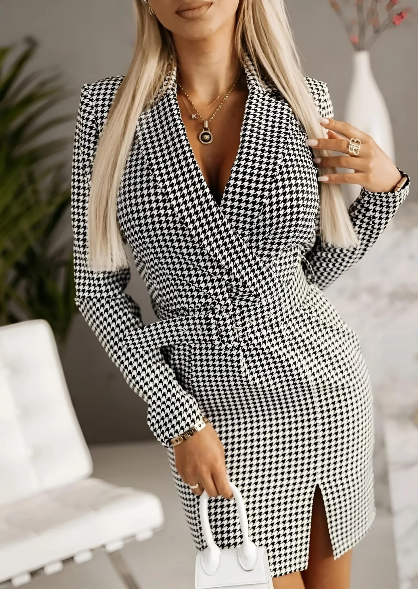 Vestito Donna Blazer Colletto Pied De Poule Cintura Spacco 2 Vestito Donna Blazer Colletto Pied De Poule Cintura Spacco - immagine 2