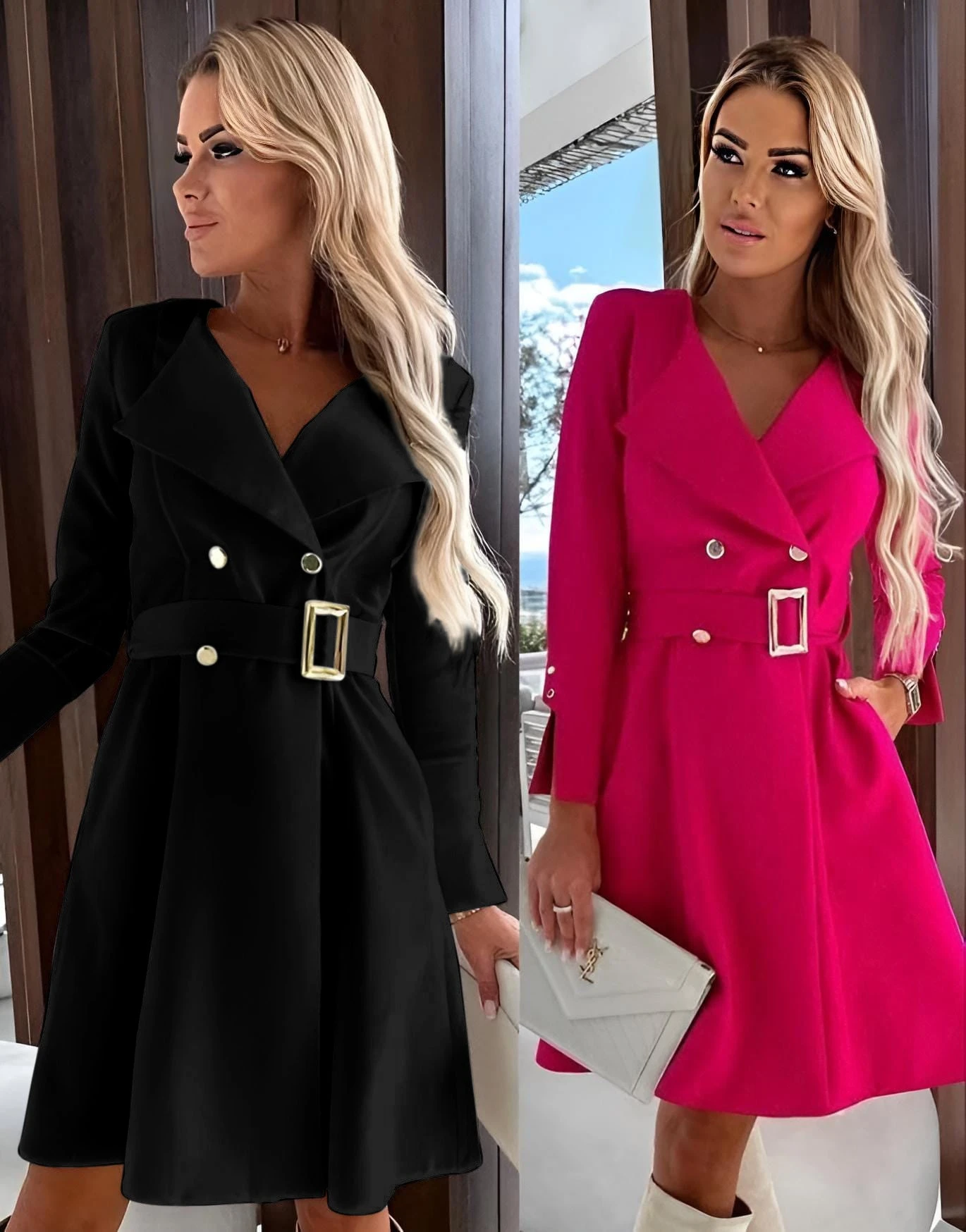 Vestito Donna Blazer Scollo V Bottoni Cintura Gonna Campana 2 Vestito Donna Blazer Scollo V Bottoni Cintura Gonna Campana - immagine 2