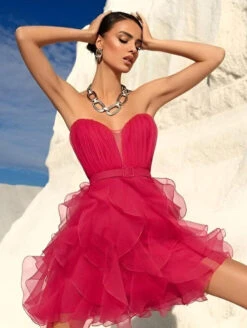 Vestito Donna Scollo Cuore Bustier Balze Tulle Elegante Cerimonia