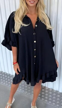 Vestito Donna Morbido Camicione Bottoni Volant Plissé Casual Elegante