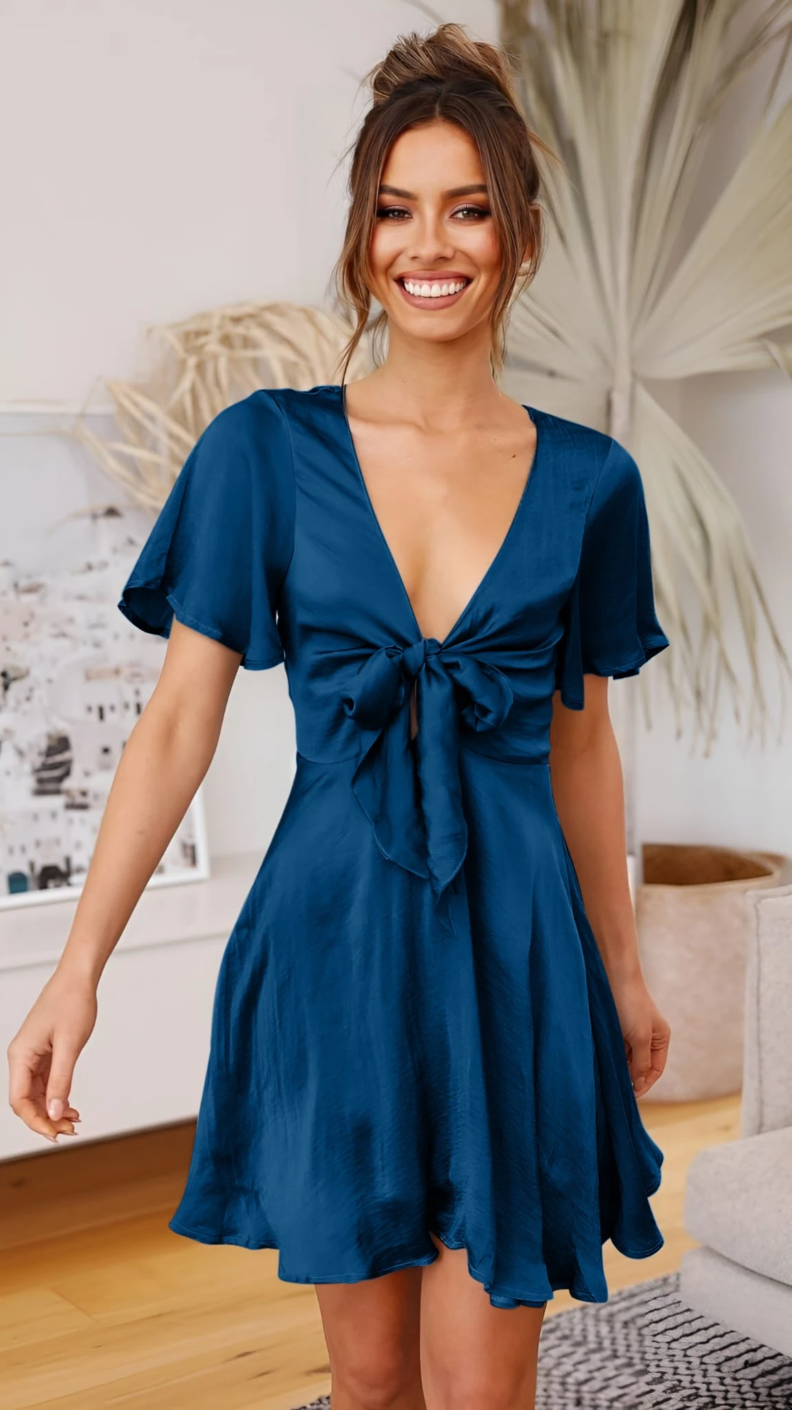 Vestito Donna Morbido Scollo V Mezza Manica Fiocco Svasato Casual Elegante 1 Vestito Donna Morbido Scollo V Mezza Manica Fiocco Svasato Casual Elegante