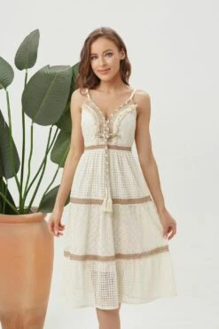 Linda Vestito Donna Campana Scollo Cuore Bretelle Frange Nappine Bicolore Pizzo Sangallo