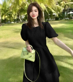 Vestito Donna Campana Girocollo Mezza Manica Sbuffo Monocolore Drappeggiato Casual Elegante -Vendite Linda || VICTOR ImmagineWhatsApp2023 06 05ore15.52.28blackdress