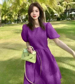 Vestito Donna Campana Girocollo Mezza Manica Sbuffo Monocolore Drappeggiato Casual Elegante -Vendite Linda || VICTOR ImmagineWhatsApp2023 06 05ore15.52.28violetdress
