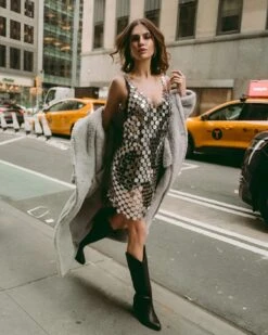 Vestito Donna Tubino Paillettes Monocolore Scollo V Bretelle Sensuale Party Lucido