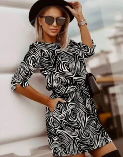 Vestito Donna Cintura Fantasia Manica Tre Quarti